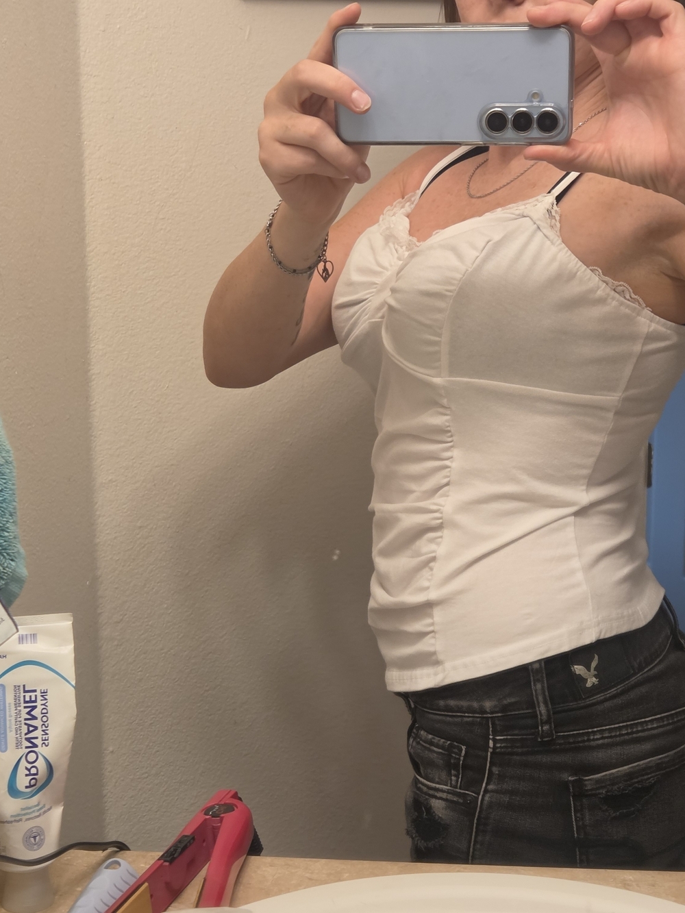 ROMWE White Lace-Trim Ruched Cami Top